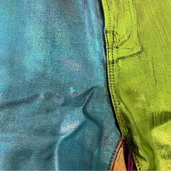 Rare J BRAND Metallic Foil Colorblock Aqua/Lime/Purple/Gold Skinny Jeans size 26